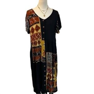 Vintage Patchwork Tribal Print Midi Dress Button Front Rayon Boho 90s Large